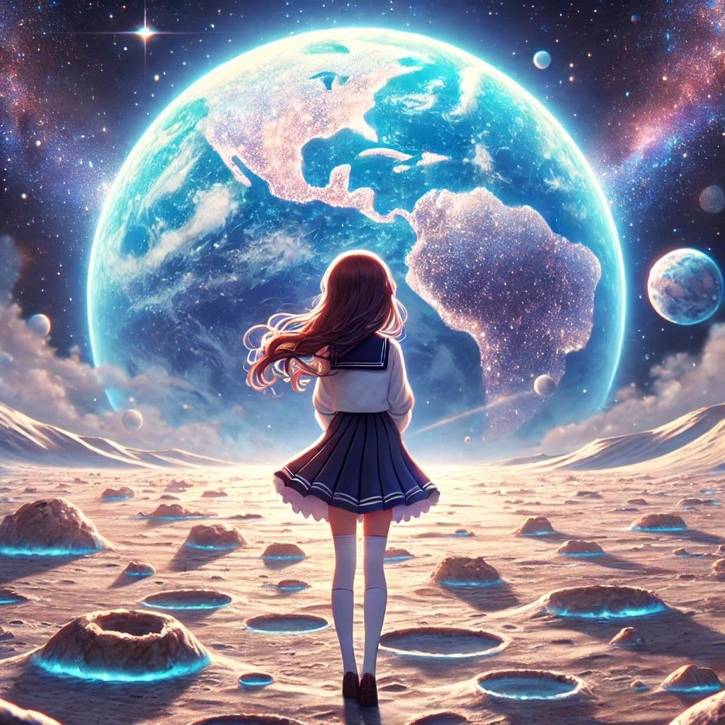 Moonlit Reverie: A Schoolgirl's Solitary Gaze at Earth