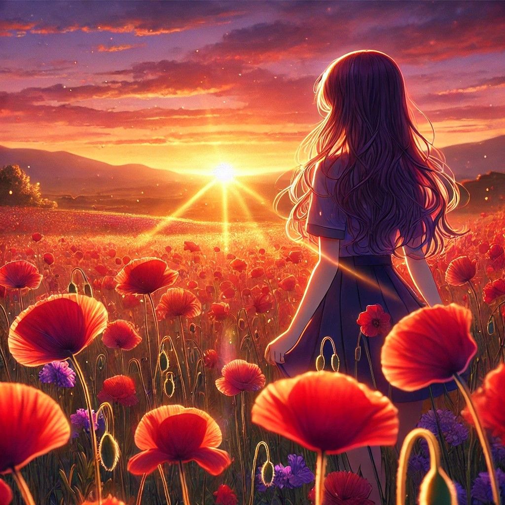 Sunset and red flower field