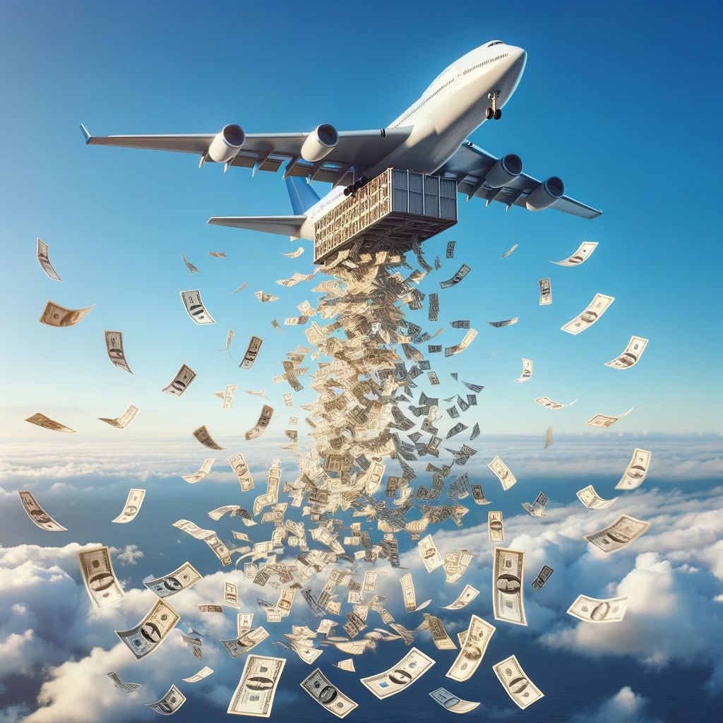 DALL·E 2024-02-01 09.35.31 - An image of an airplane in the sky, releasing a stream of paper bills as it flies. The scene shows the airplane high above, with its cargo bay open, a