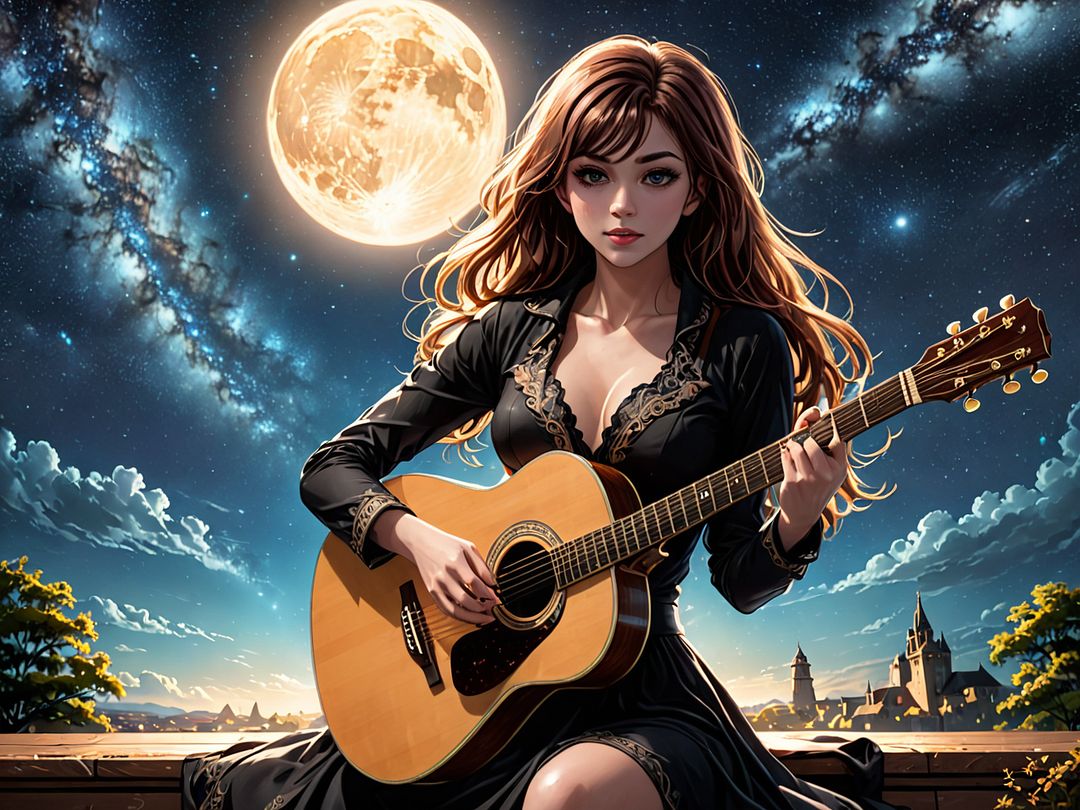 A anime Beautiful rich woman with sad eyes with the light reflecting off her hair playing a truly magnificent acoustic guitar illuminated by in the night sky in her plane