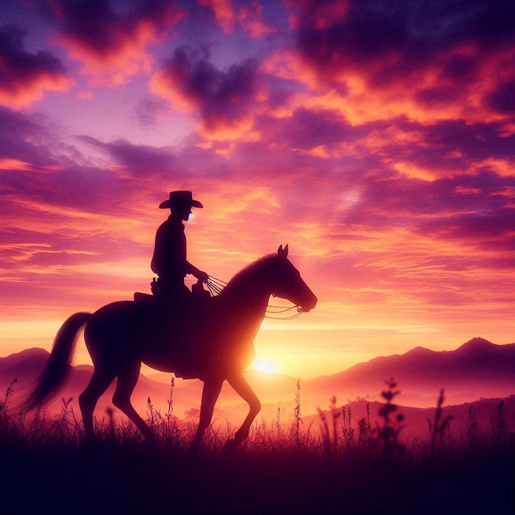 Cowboy riding into the sunset