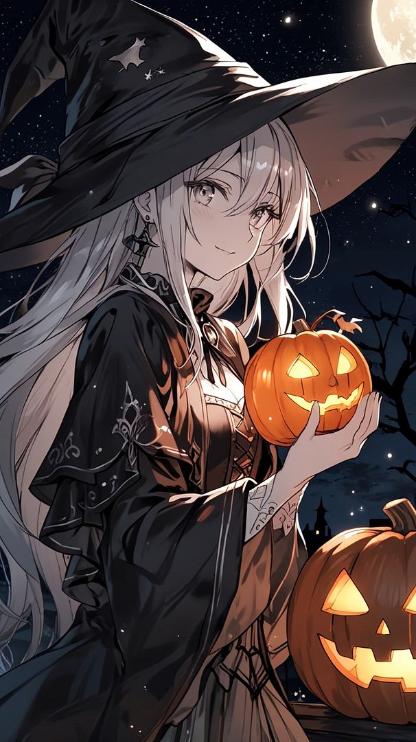 Witch with Jack-o'-Lantern under the Moonlight