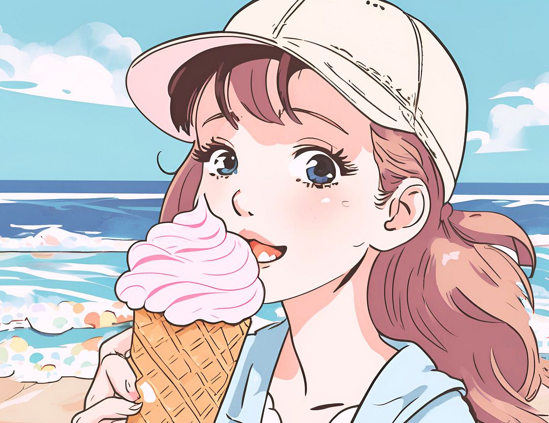 "A girl eating ice cream by the seaside."