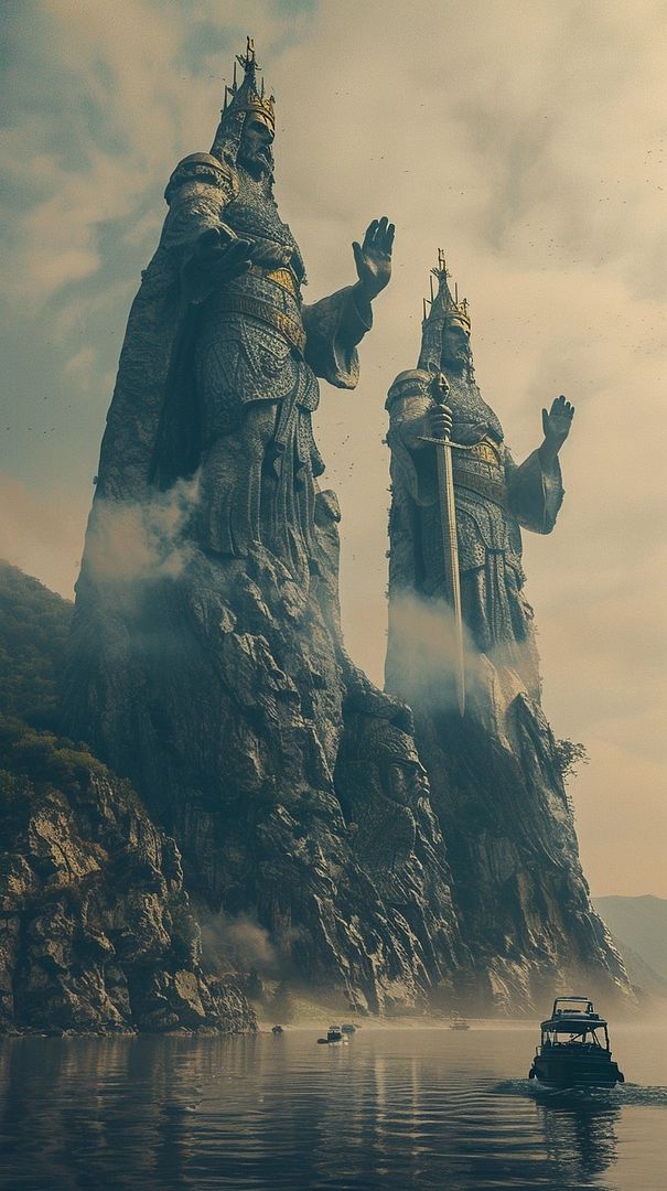 two giant crusader statues rise into the sky, embedded mountain