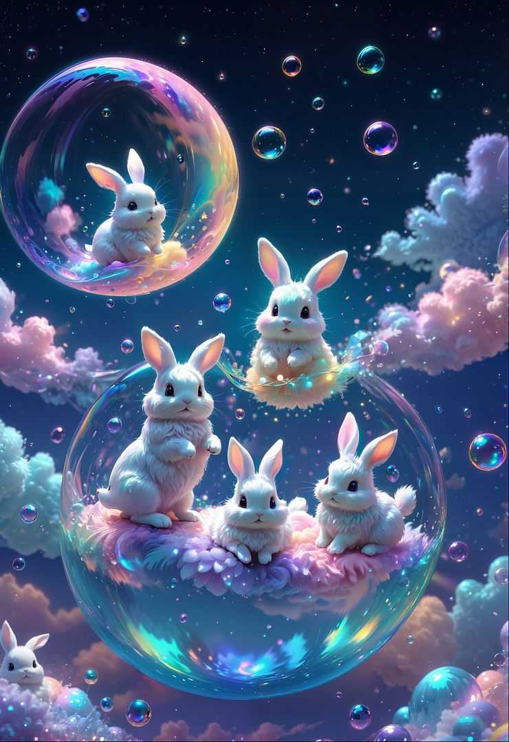 Rabbits Flying on Bubbles.