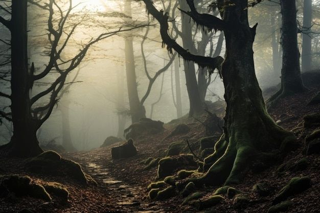 A peaceful forest covered in fog