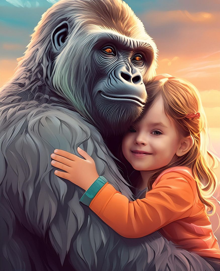 abstract vision of a small Happier girl hugging a gorilla