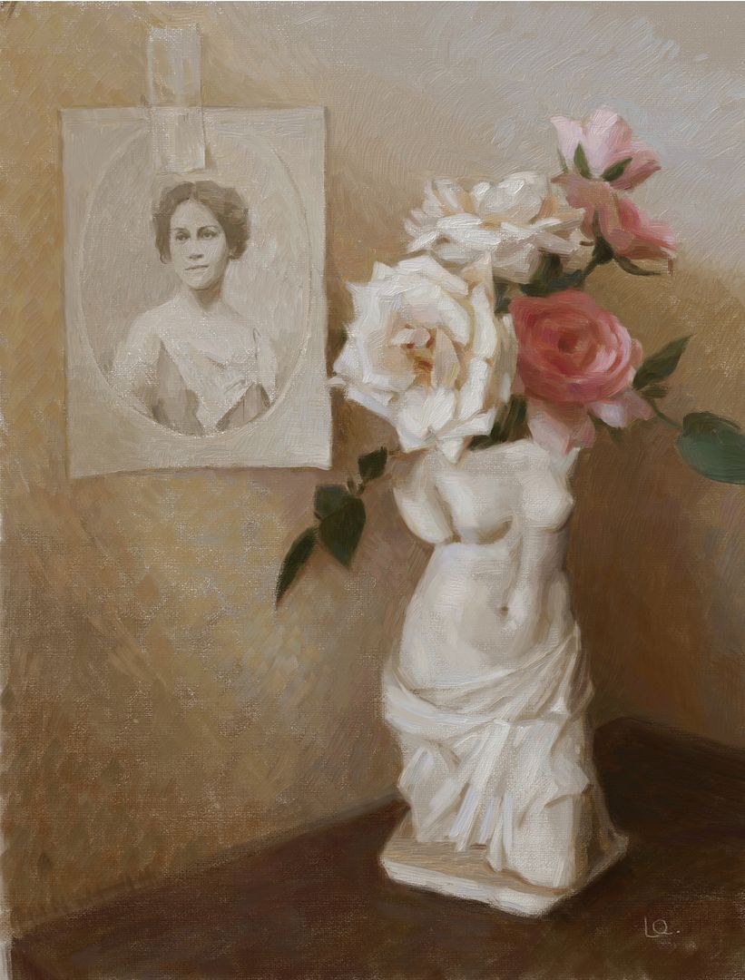 Still life with portrait of Lola Mora