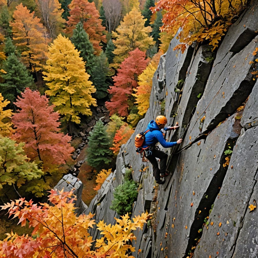 Rock climbing in autumn leaves