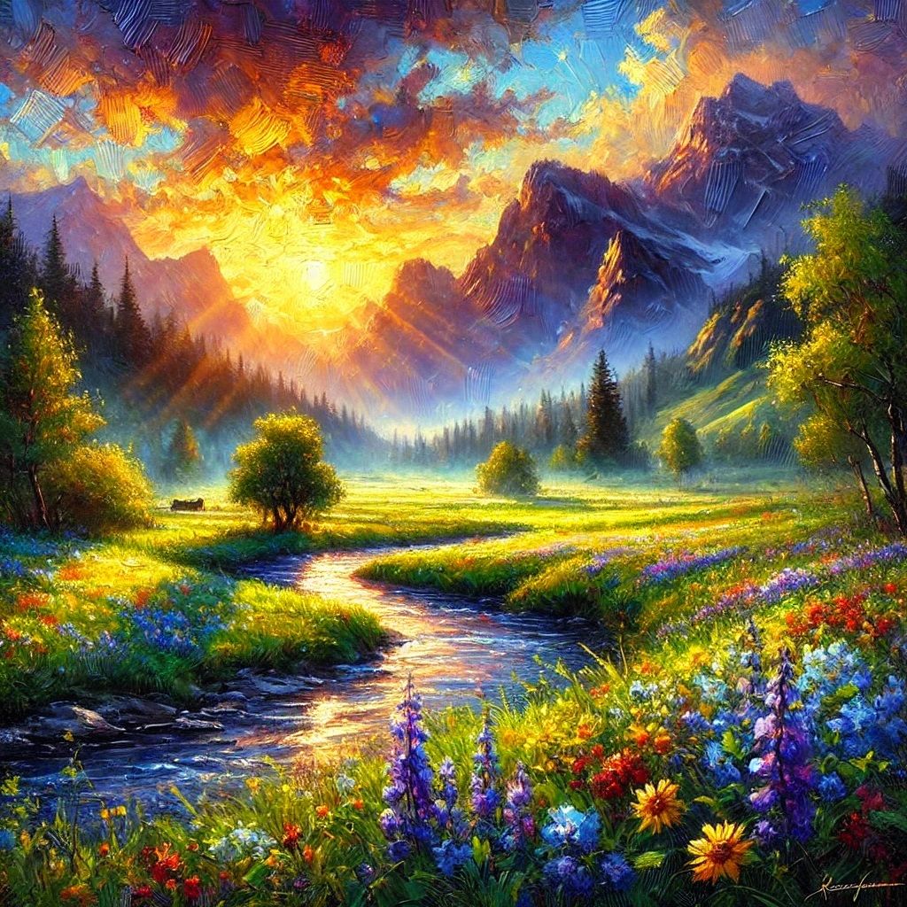 DALL·E 2024-12-13 20.11.29 - A vibrant impressionistic painting of a serene mountain valley during sunrise. The valley is filled with lush green meadows dotted with colorful wildf