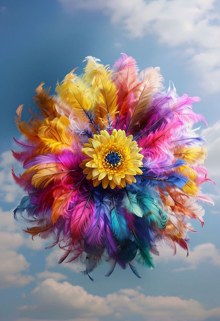 Vibrant Flower Made of Colorful Feathers in Blue Sky Art