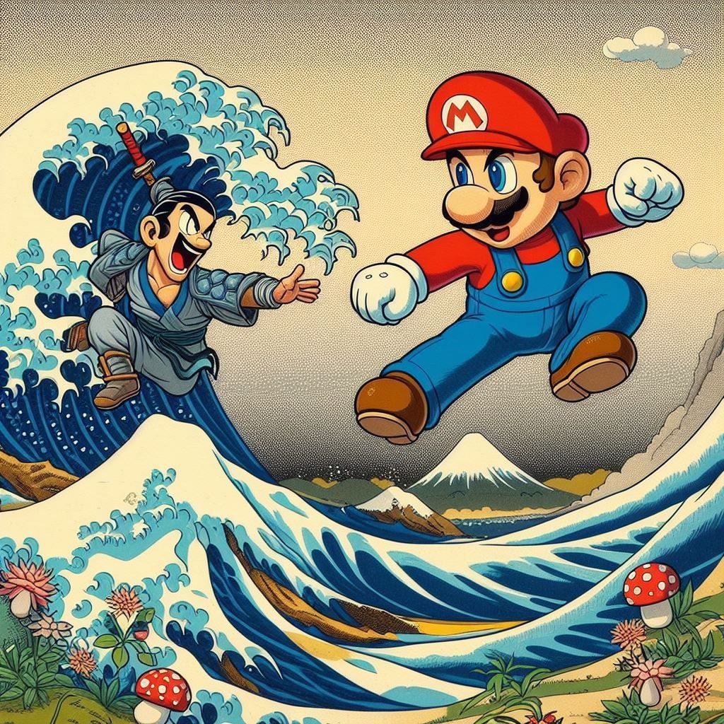 Mario in Action Mode in the style of Katsushika Hokusai.