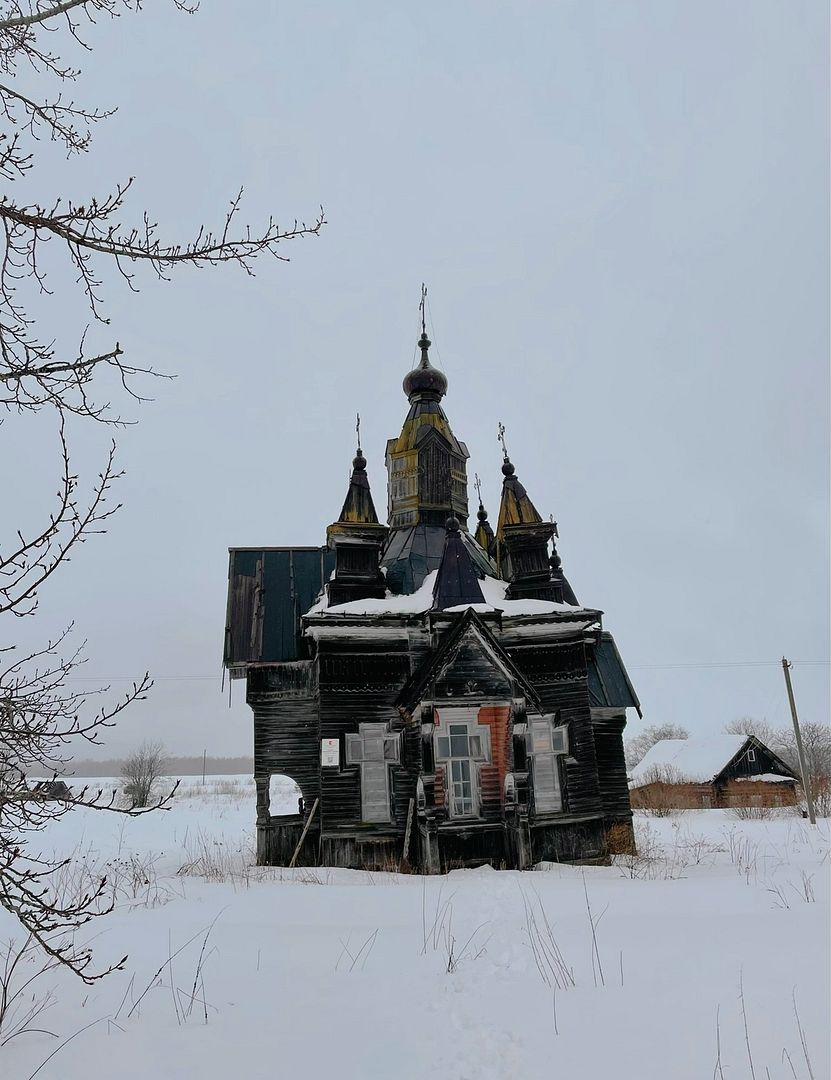 Abandoned wooden church in the countryside