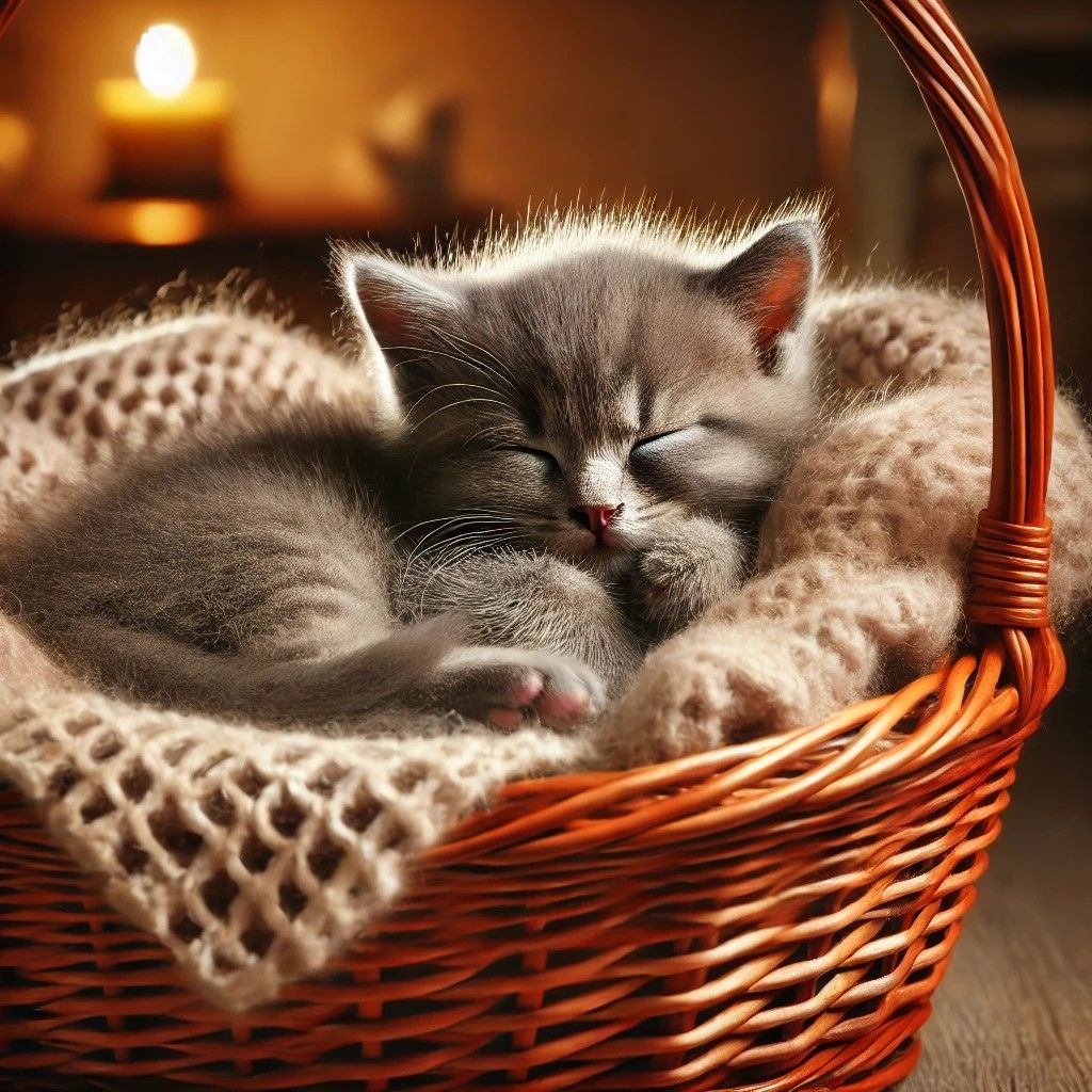 A Cute Gray Kitten Sleeping Soundly in a Wicker Basket