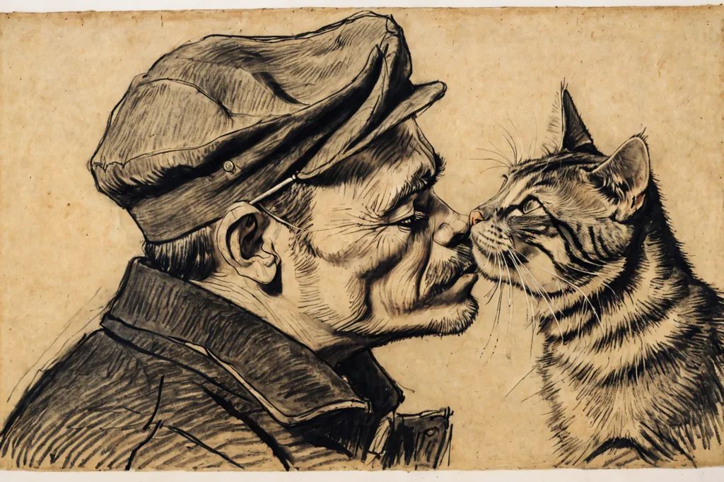 Man with cap and mustache bonding with cat through nose rub