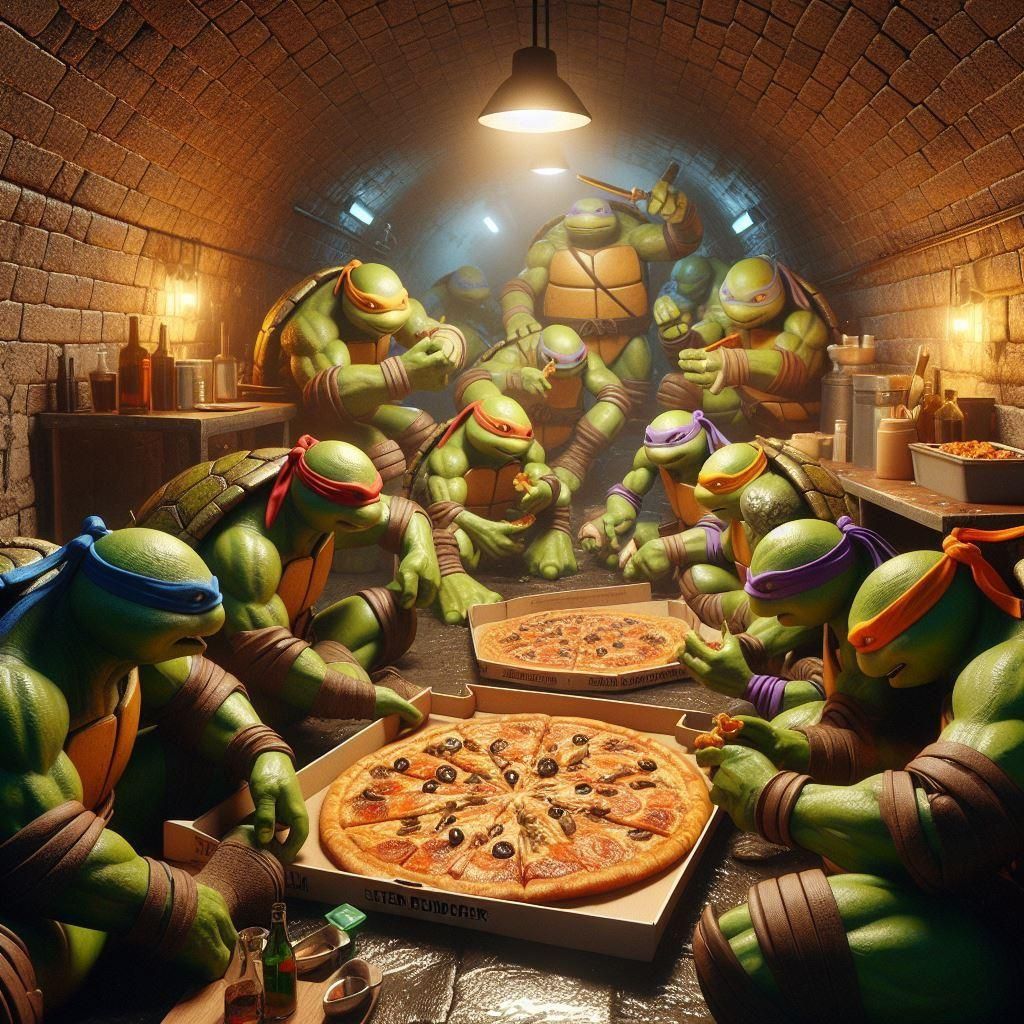 Ninja Turtles Having Pizza Party in a Sewer Hideout