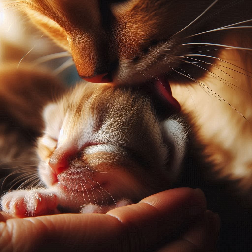 아기 고양이를 맛 보는 엄마 고양이