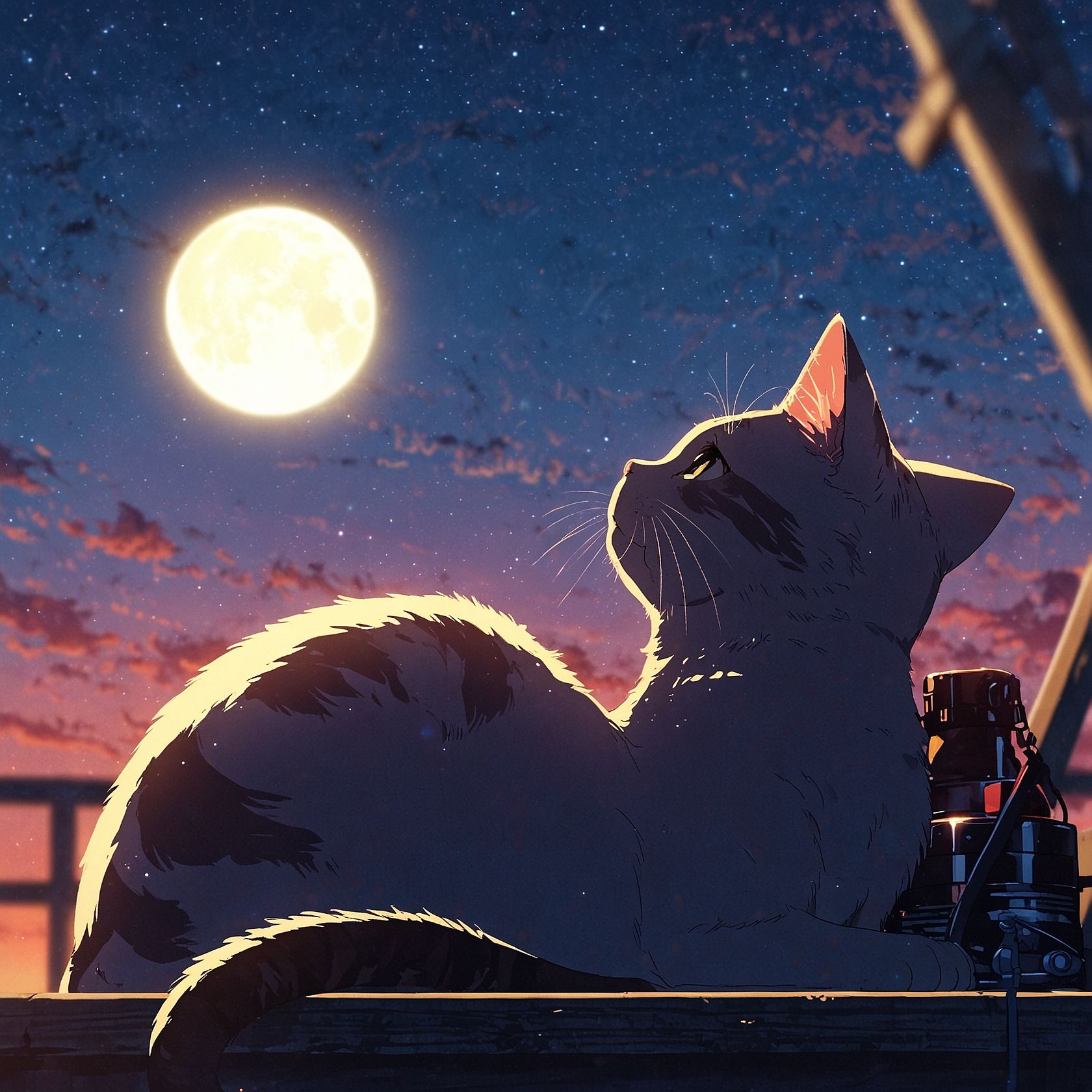 Cute cat is looking at moon