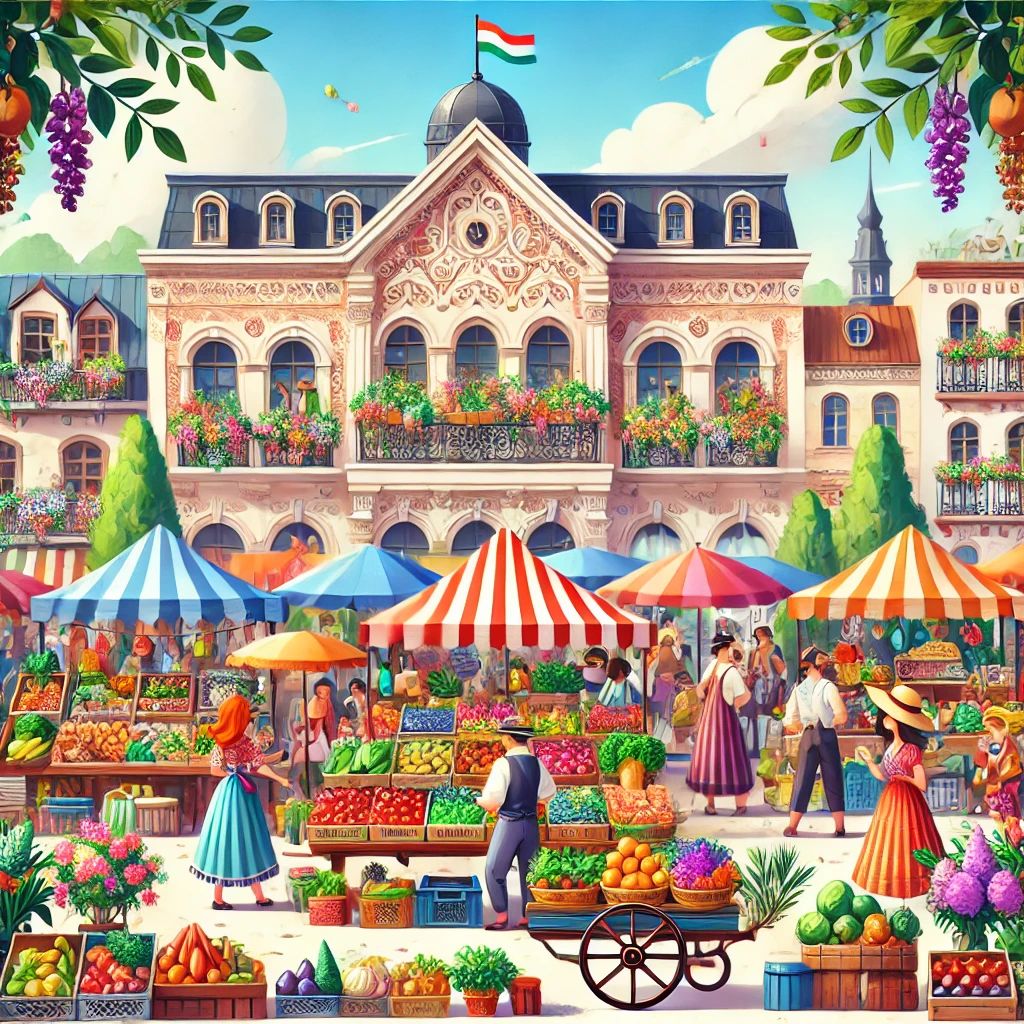 A bustling marketplace with colorful stalls and lively interactions