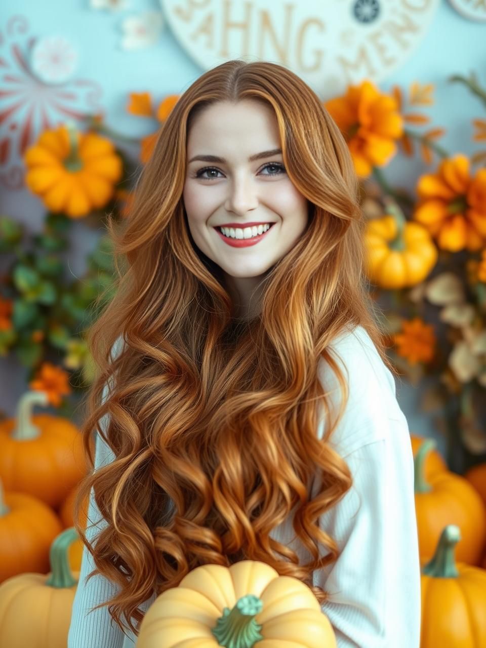 A (((smiling woman with extremely long, auburn hair)))