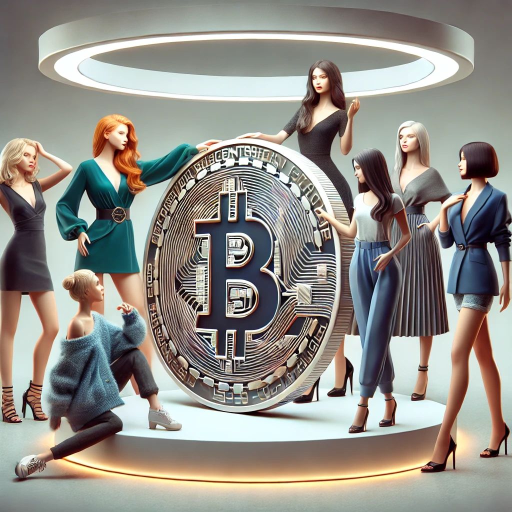 DALL·E 2024-08-09 13.32.19 - A visually striking image featuring a large Bitcoin coin in the center, with several women around it. The women are modern, stylish, and diverse, inte