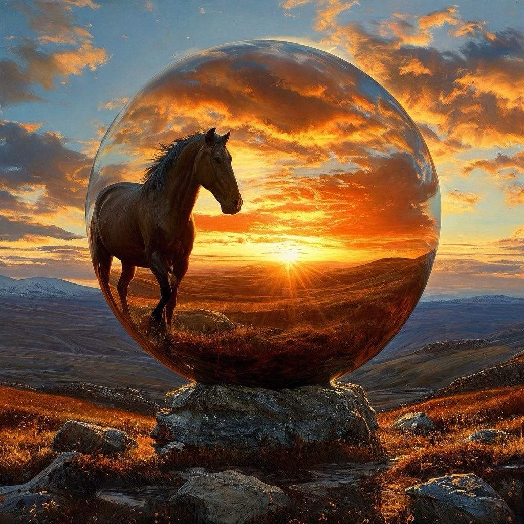 Ethereal Glow: Sphere, Sunset, and a Majestic Horse