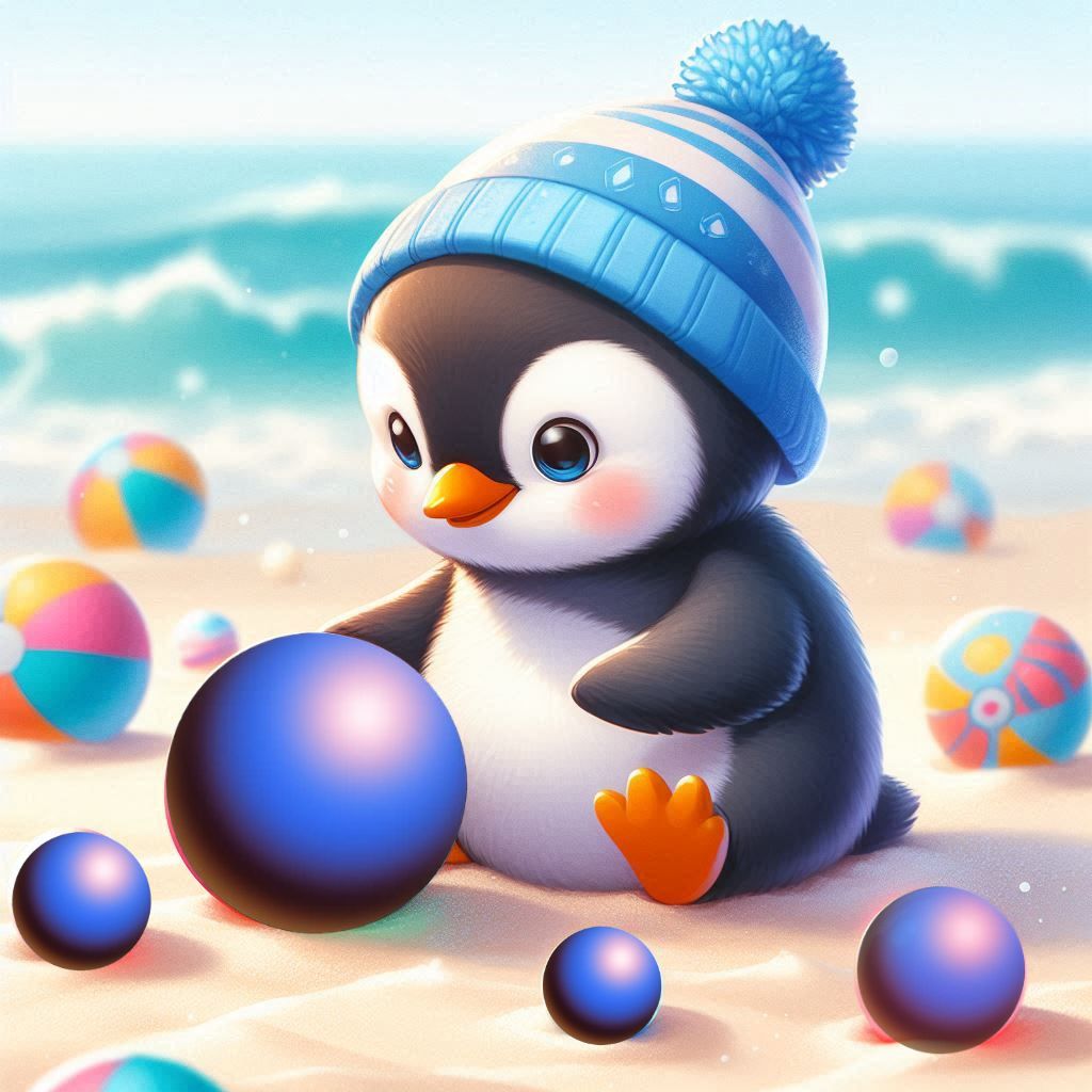 Penguin plays with balls