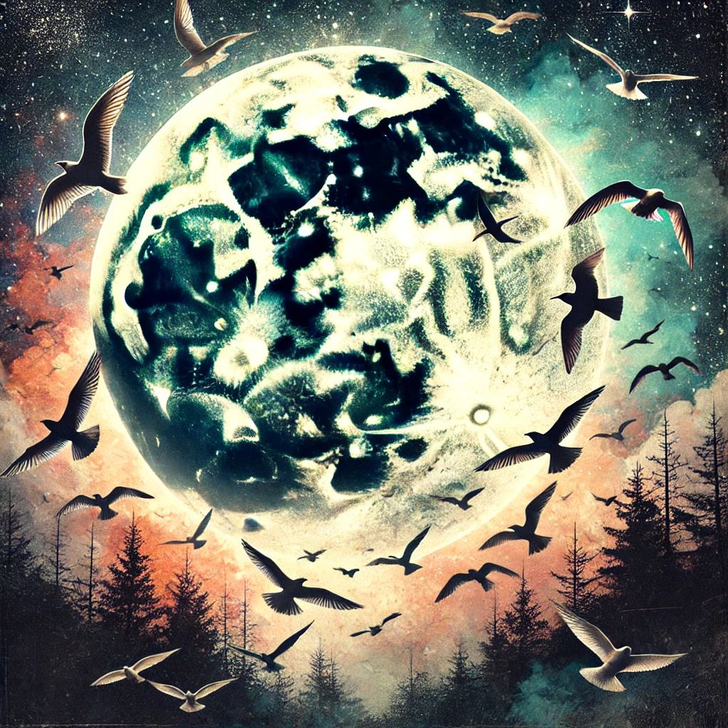 Birds soaring above the Moon