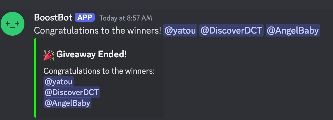 first giveaway in boost discord from boost discord bot