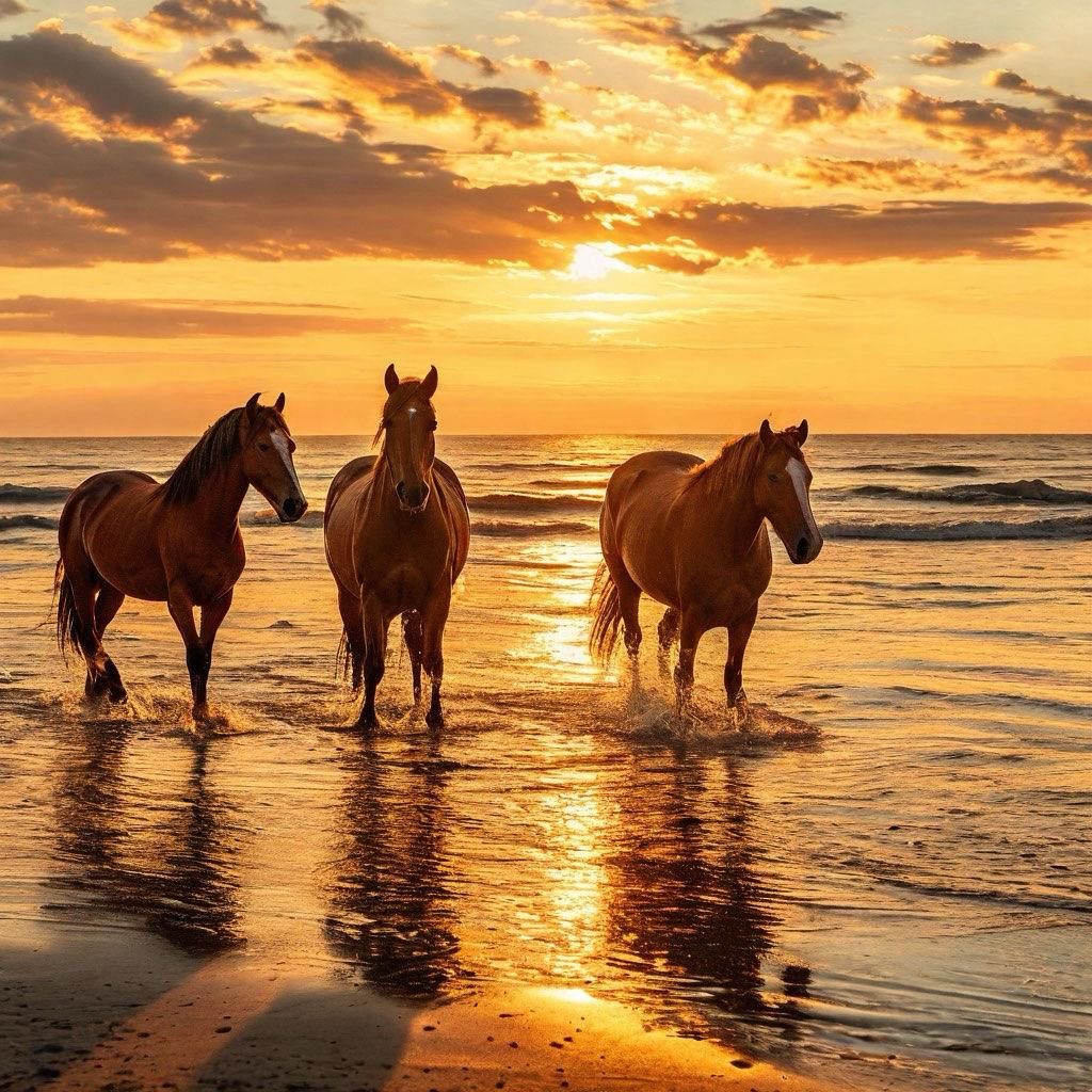 Horses on the Shore at Sunset