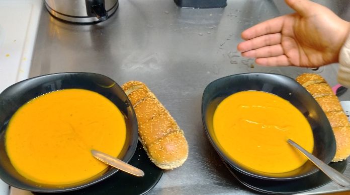 Home made pumpkin soup with store bought garlic bread for 2